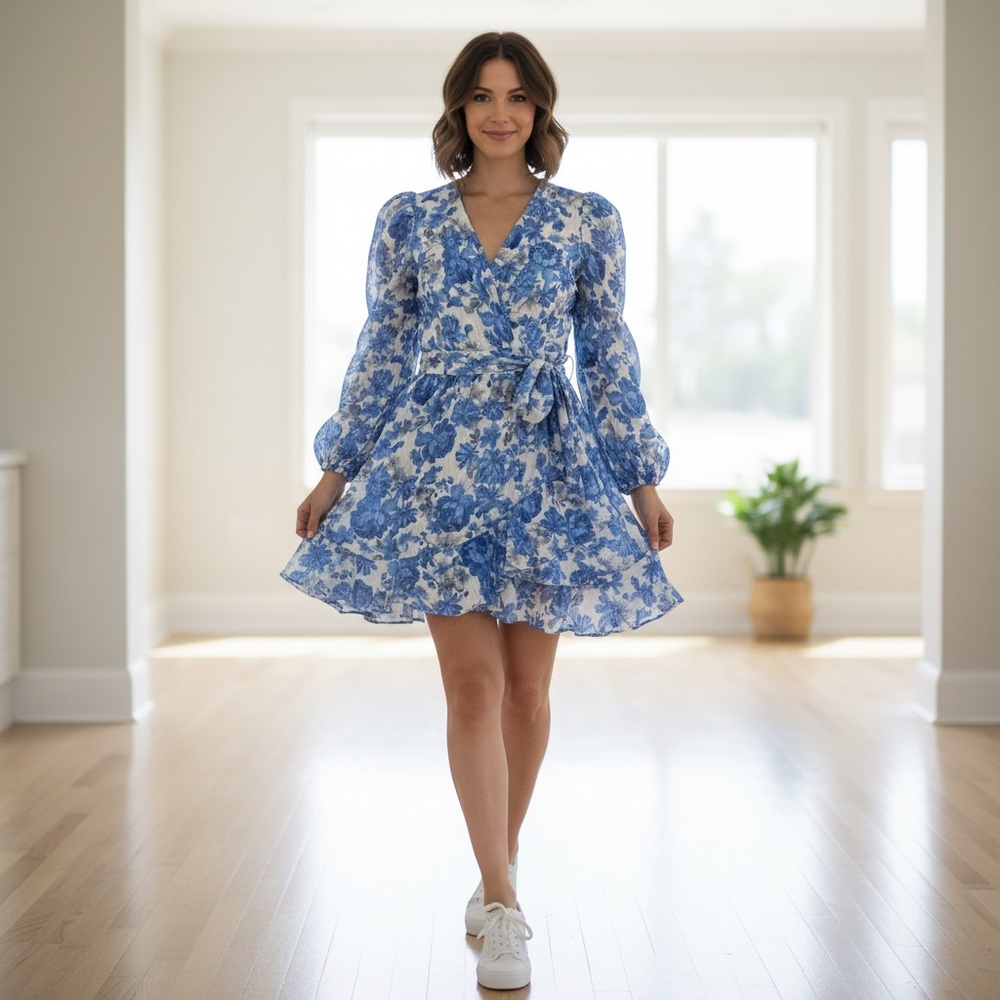 New  Alex Marie Blue Floral Mini Dress Puff Sleeves Size 8P